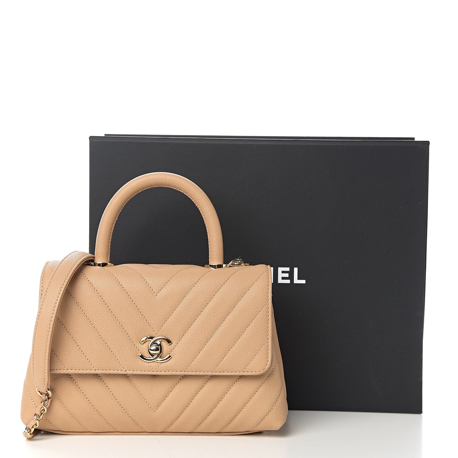 Chanel Caviar Chevron Quilted Mini Coco Handle Flap Beige 10 of 10