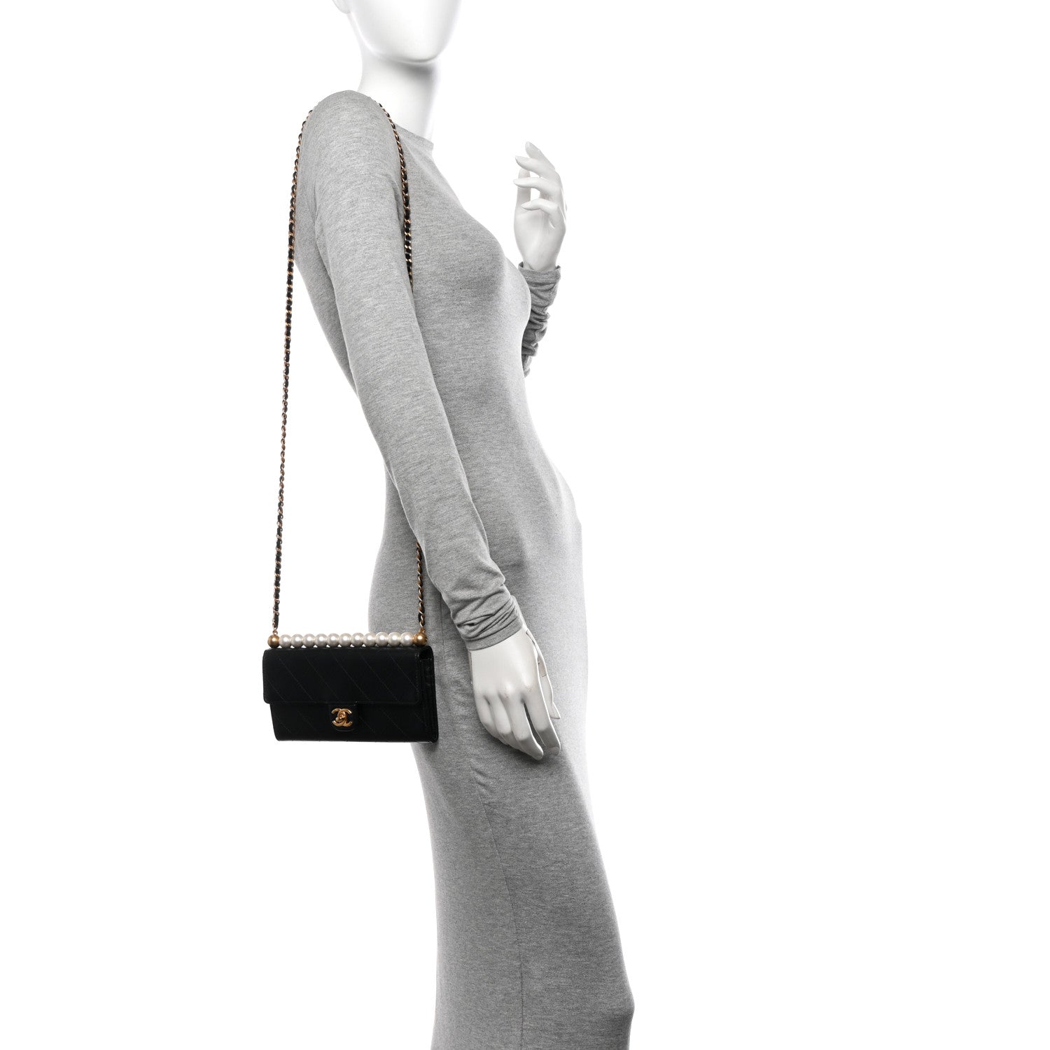 Chanel Goatskin Quilted Chic Pearls Clutch With Chain Black 2 of 14