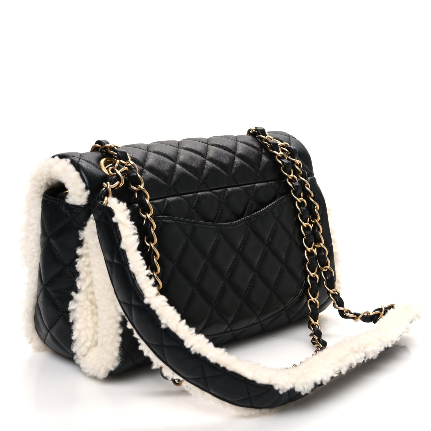 Lambskin Shearling Large CC Flap Bag Black White