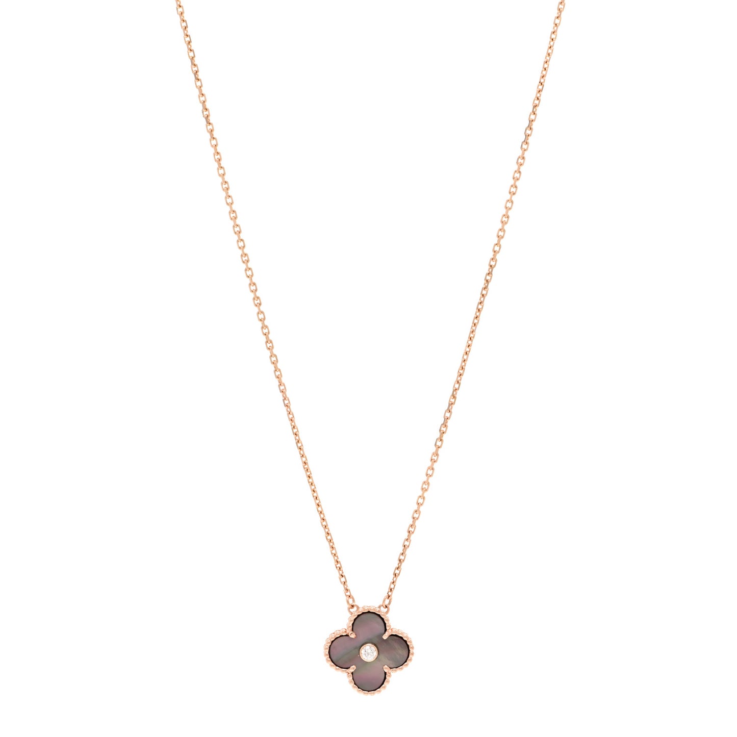 18K Rose Gold Diamond Grey Mother of Pearl Vintage Alhambra Pendant Necklace