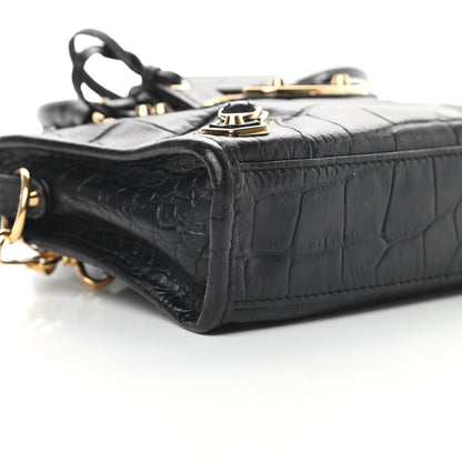 Balenciaga Calfskin Crocodile Embossed Gold Metallic Edge Hardware Nano City Black 9 of 13