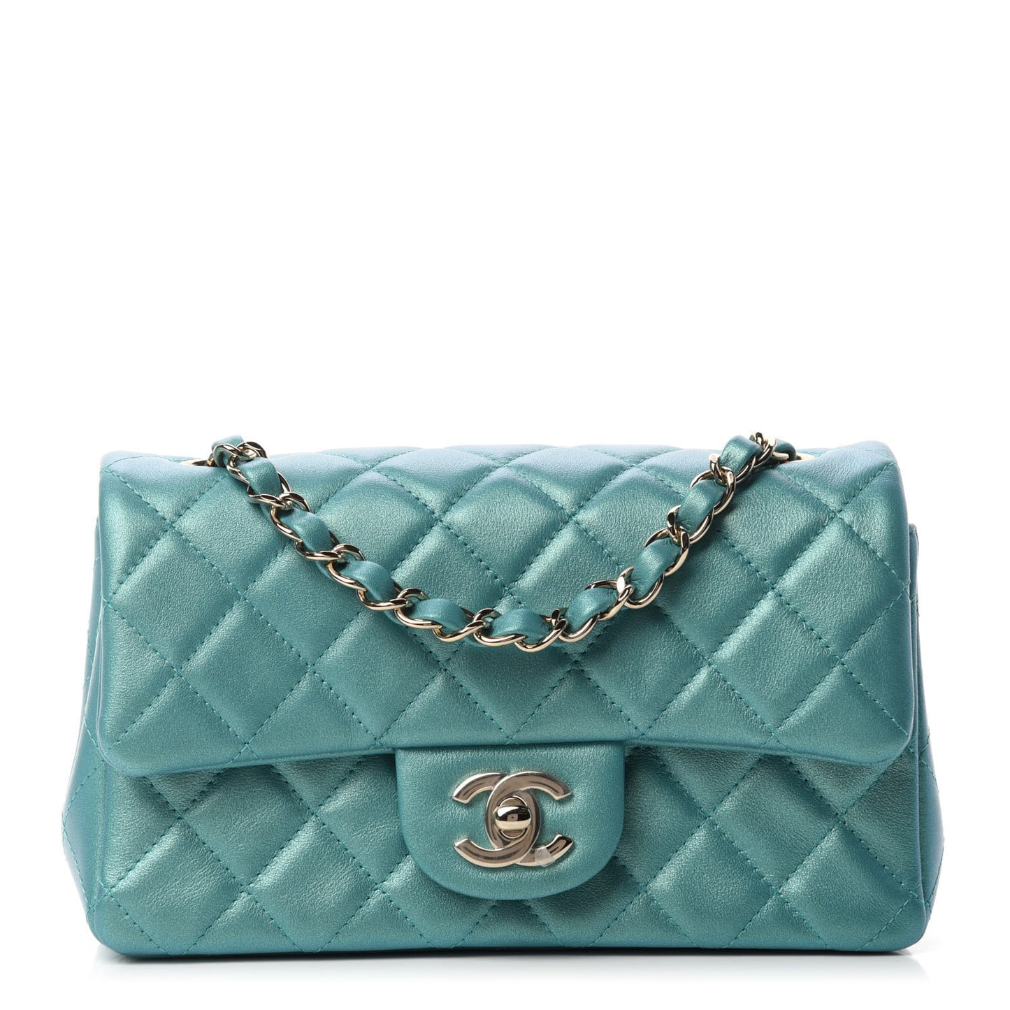 Iridescent Calfskin Quilted Mini Rectangular Flap Green