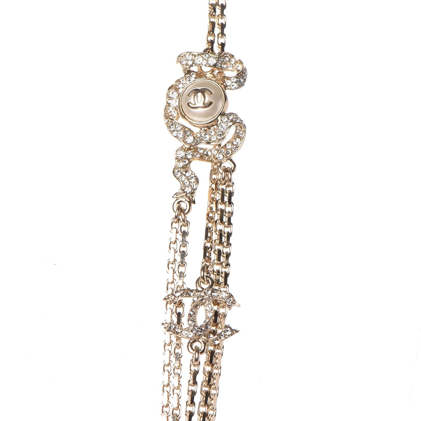 Crystal Pearl CC Long Multistrand Necklace Light Gold