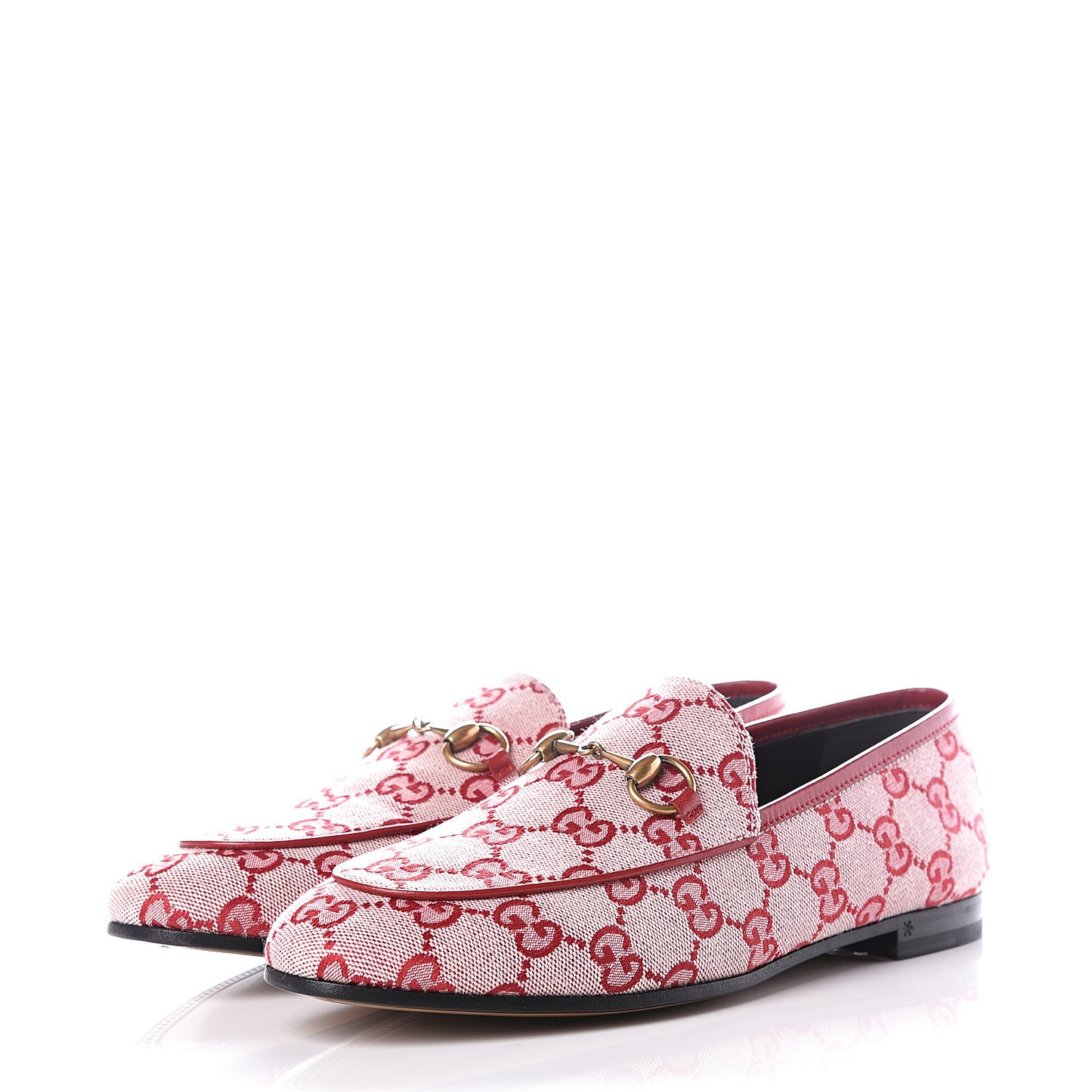 Canvas GG Monogram Horsebit Womens Jordaan Loafers 37.5 Gardenia Hibiscus Red