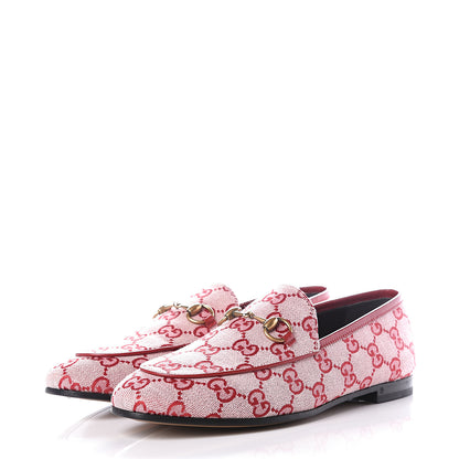 Gucci Canvas GG Monogram Horsebit Womens Jordaan Loafers 37.5 Gardenia Hibiscus Red 2 of 13