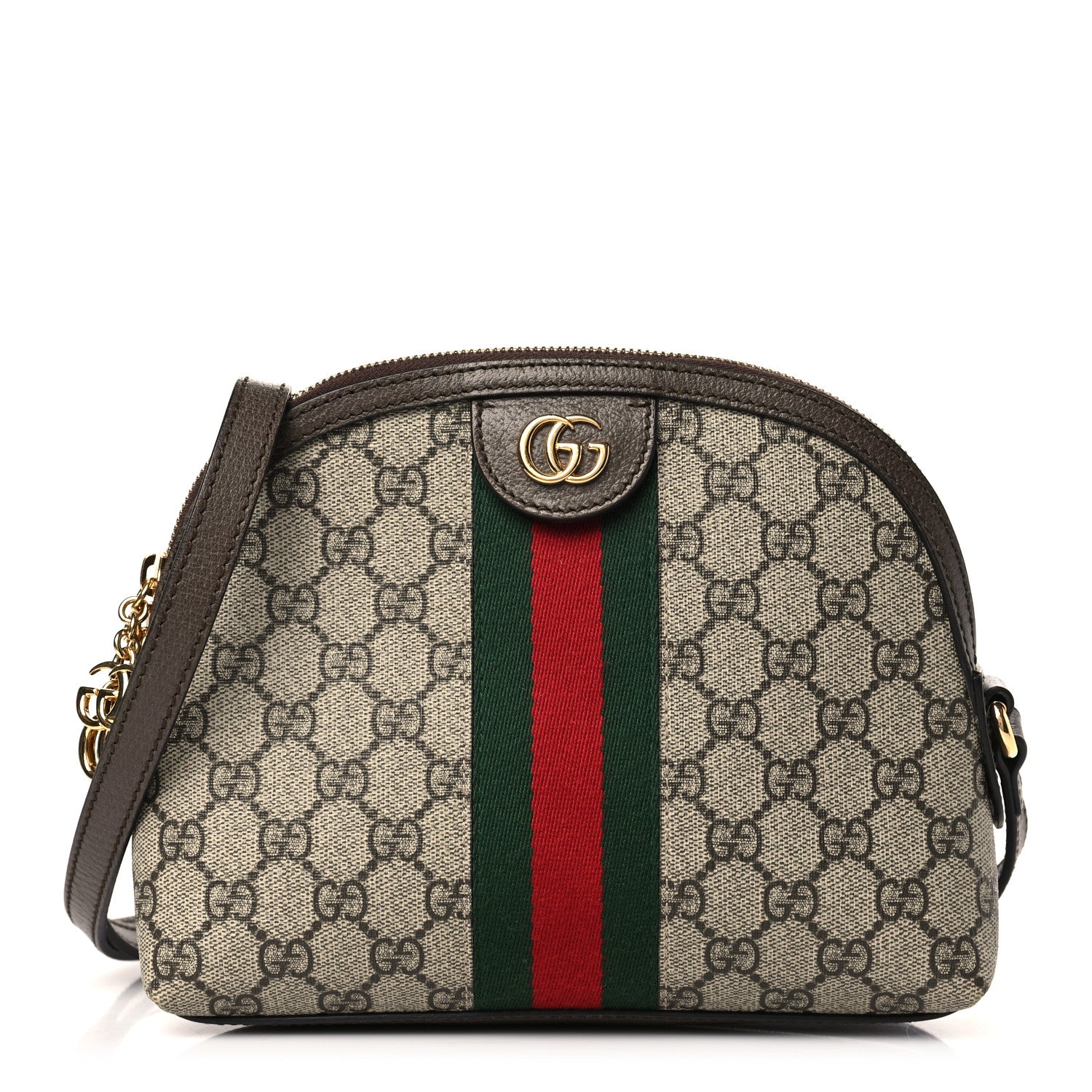 Gucci GG Supreme Monogram Textured Dollar Calfskin Web Small Ophidia Dome Shoulder Bag Beige Ebony New Acero 1 of 9