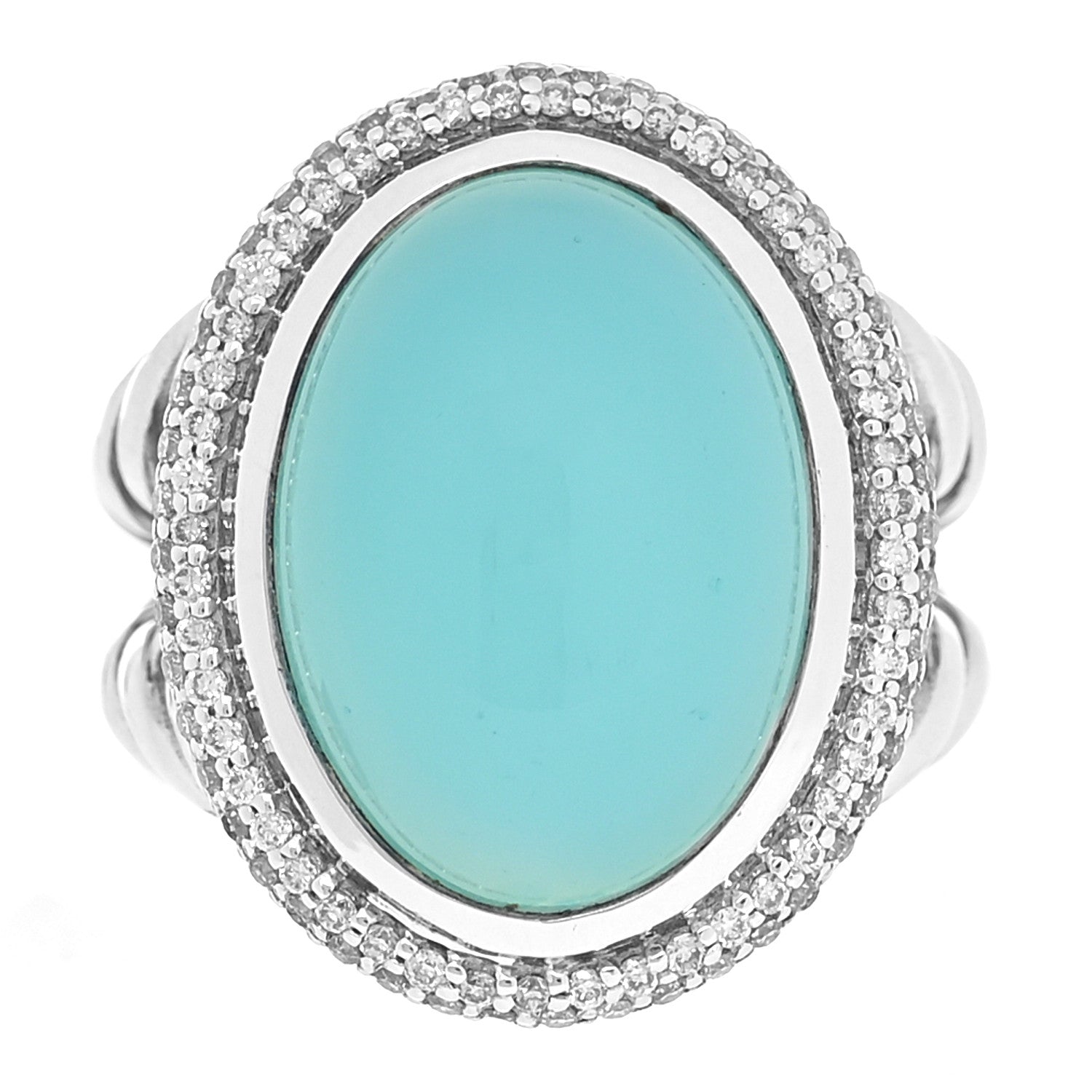 David Yurman Sterling Silver Diamond Aqua Chalcedony Signature Oval Ring 54 7 1 of 6