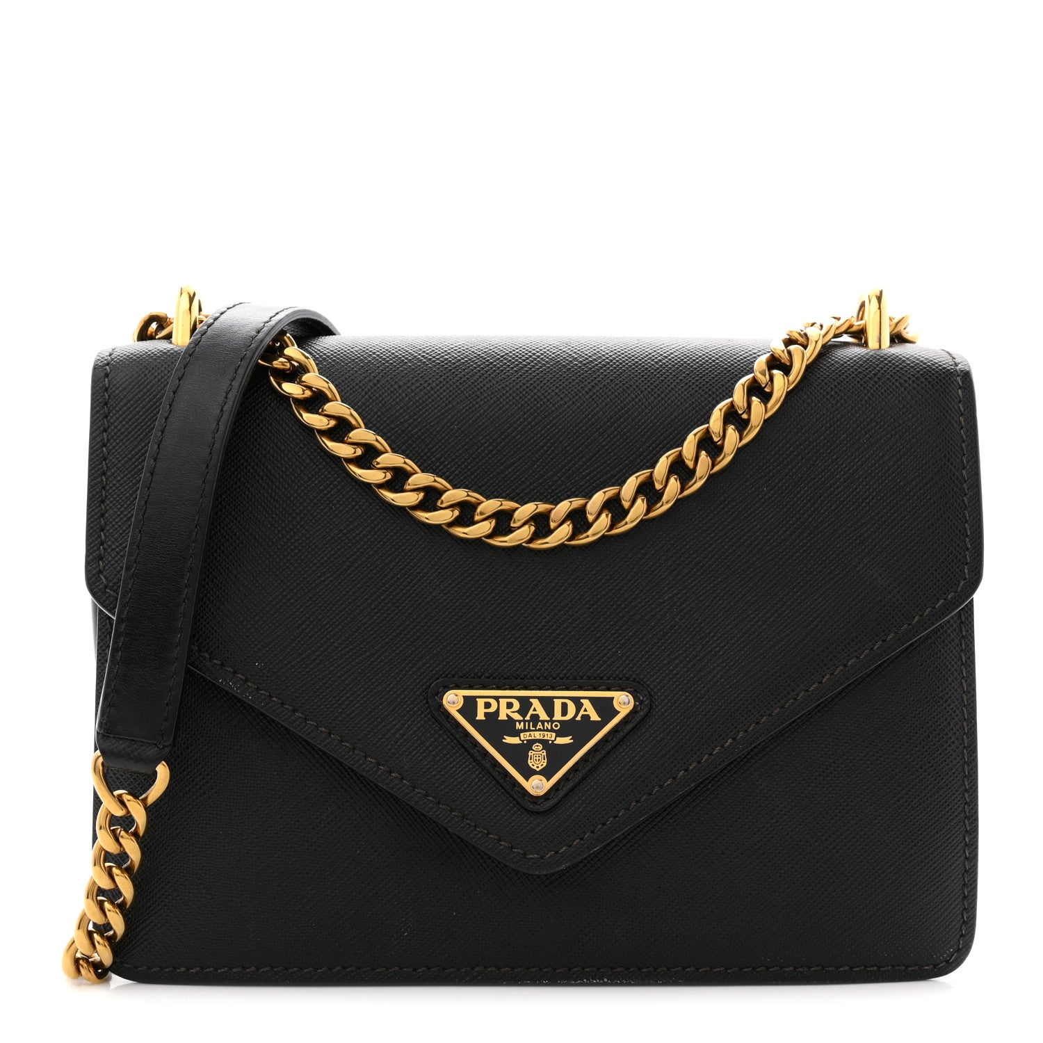 Prada Saffiano Soft Calfskin Metal Triangle Logo Envelope Chain Shoulder Bag Black 1 of 11