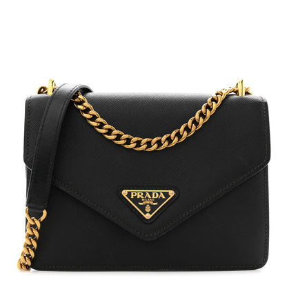 Prada Saffiano Soft Calfskin Metal Triangle Logo Envelope Chain Shoulder Bag Black 1 of 11