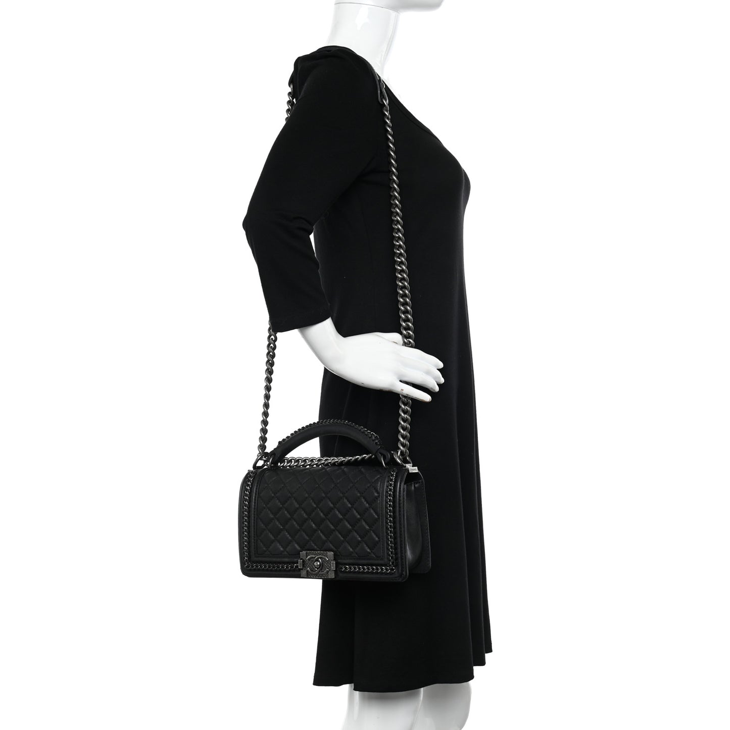 Calfskin Quilted Medium Boy Top Handle Flap Black