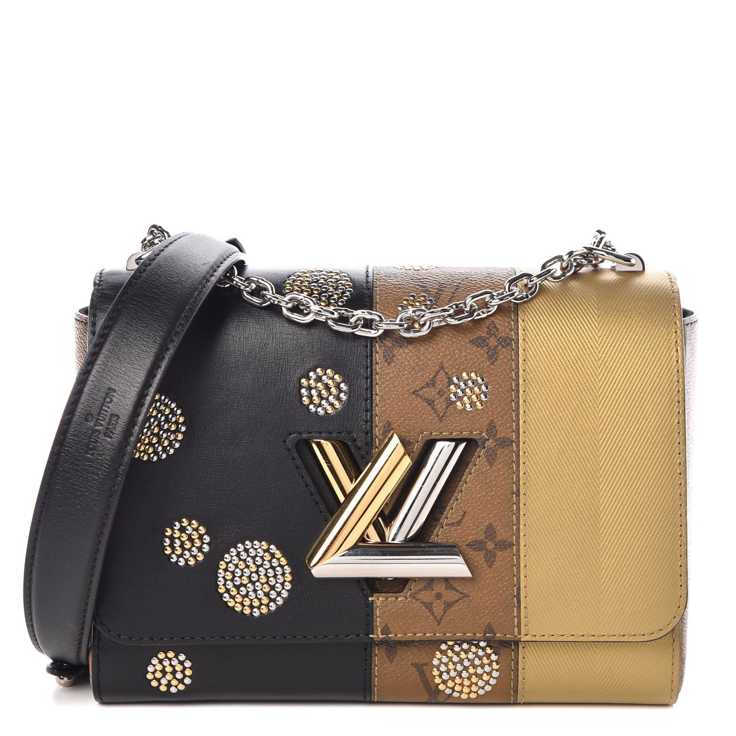 Calfskin Reverse Monogram Studded Twist Shoulder Bag MM Black Gold
