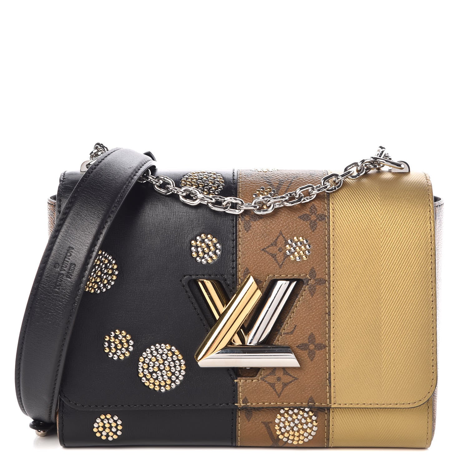 Louis Vuitton Calfskin Reverse Monogram Studded Twist Shoulder Bag MM Black Gold 1 of 9
