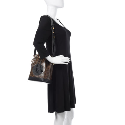 Fendi Glazed Fabric Vitello Grace F is Fendi FF 1974 Stamp Patch Grande Mon Tresor Bucket Bag Mogano Panna Black 2 of 11