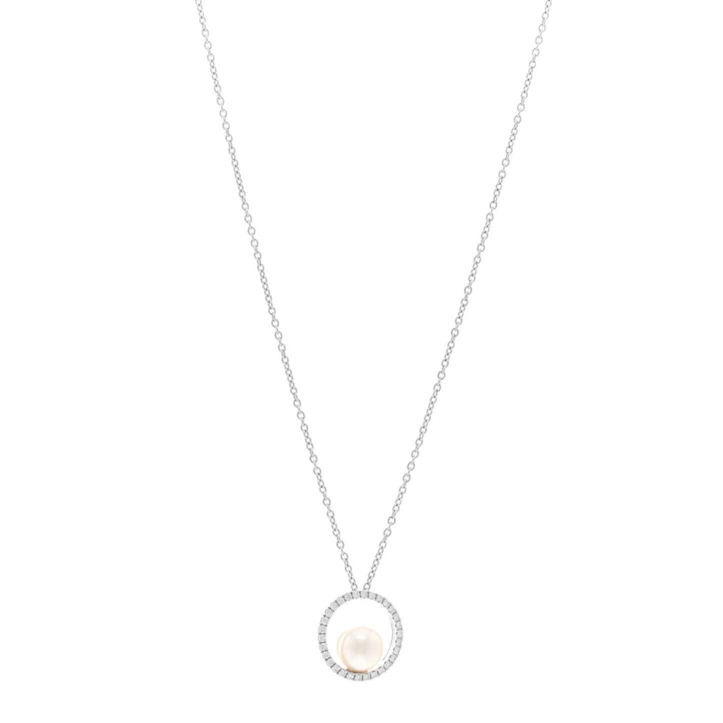 18K White Gold Diamond Akoya Pearl 7mm Circle Pendant Necklace