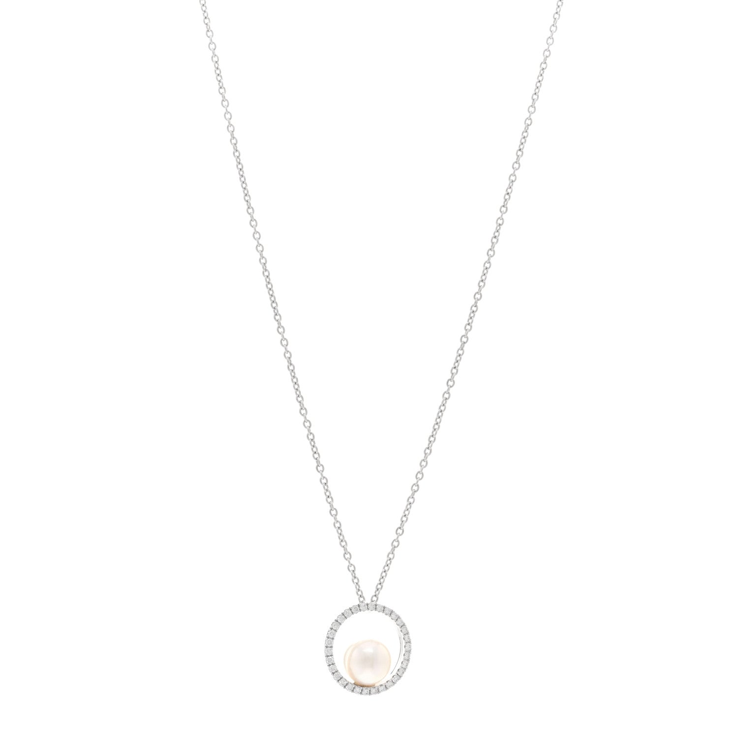 Mikimoto 18K White Gold Diamond Akoya Pearl 7mm Circle Pendant Necklace 1 of 5