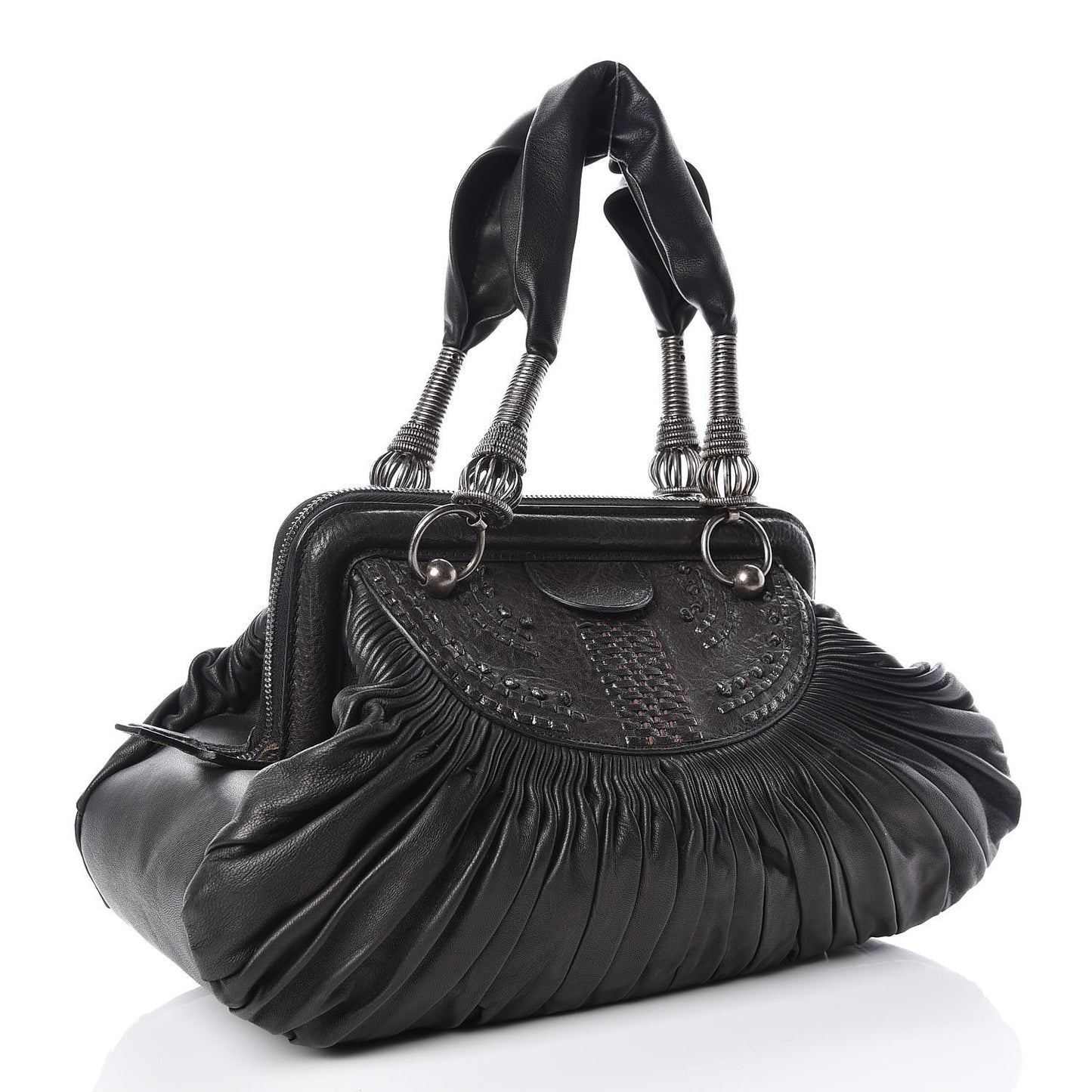 Lambskin Plisse Pleated Frame Satchel Black