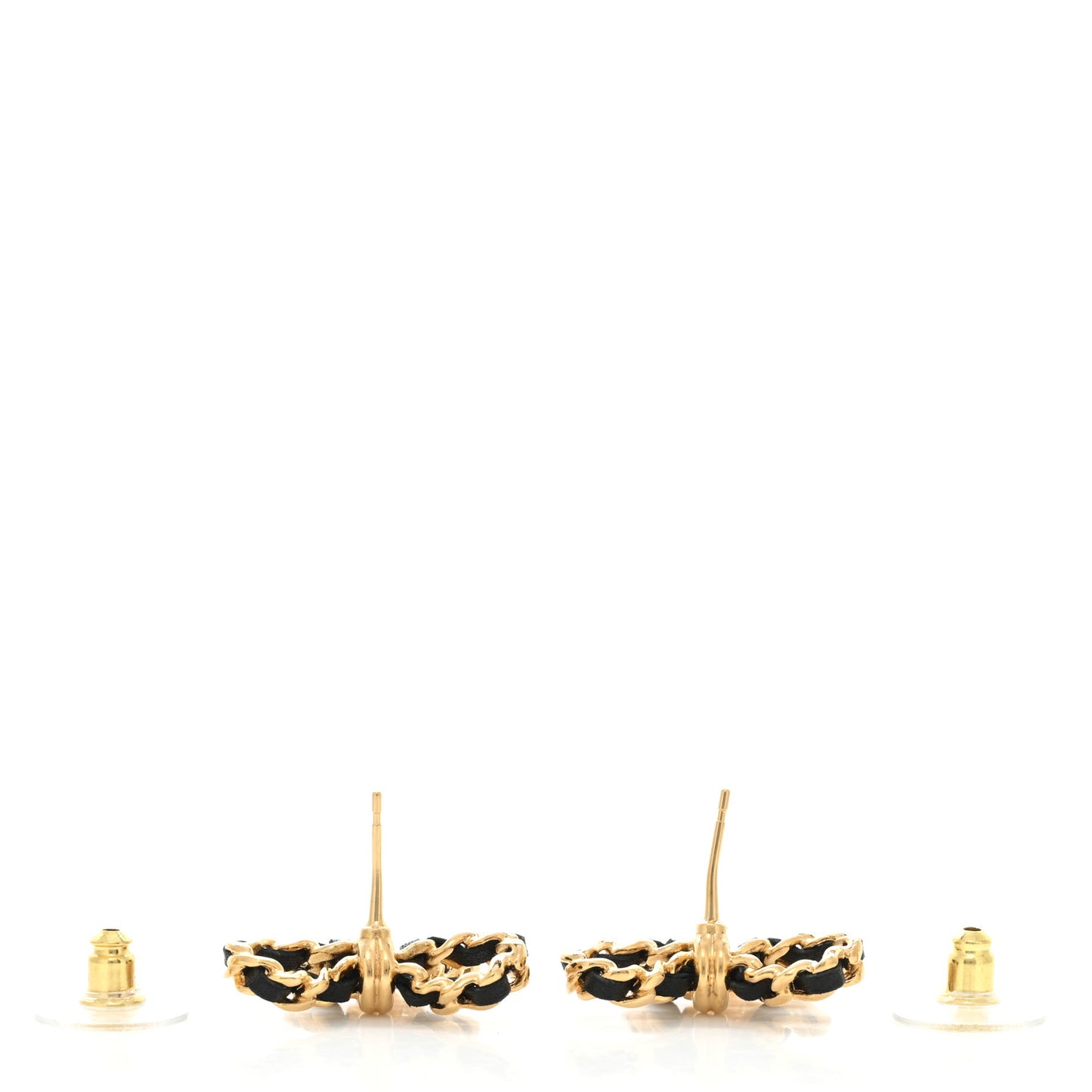 Lambskin Chain Bow Stud Earrings Black Gold