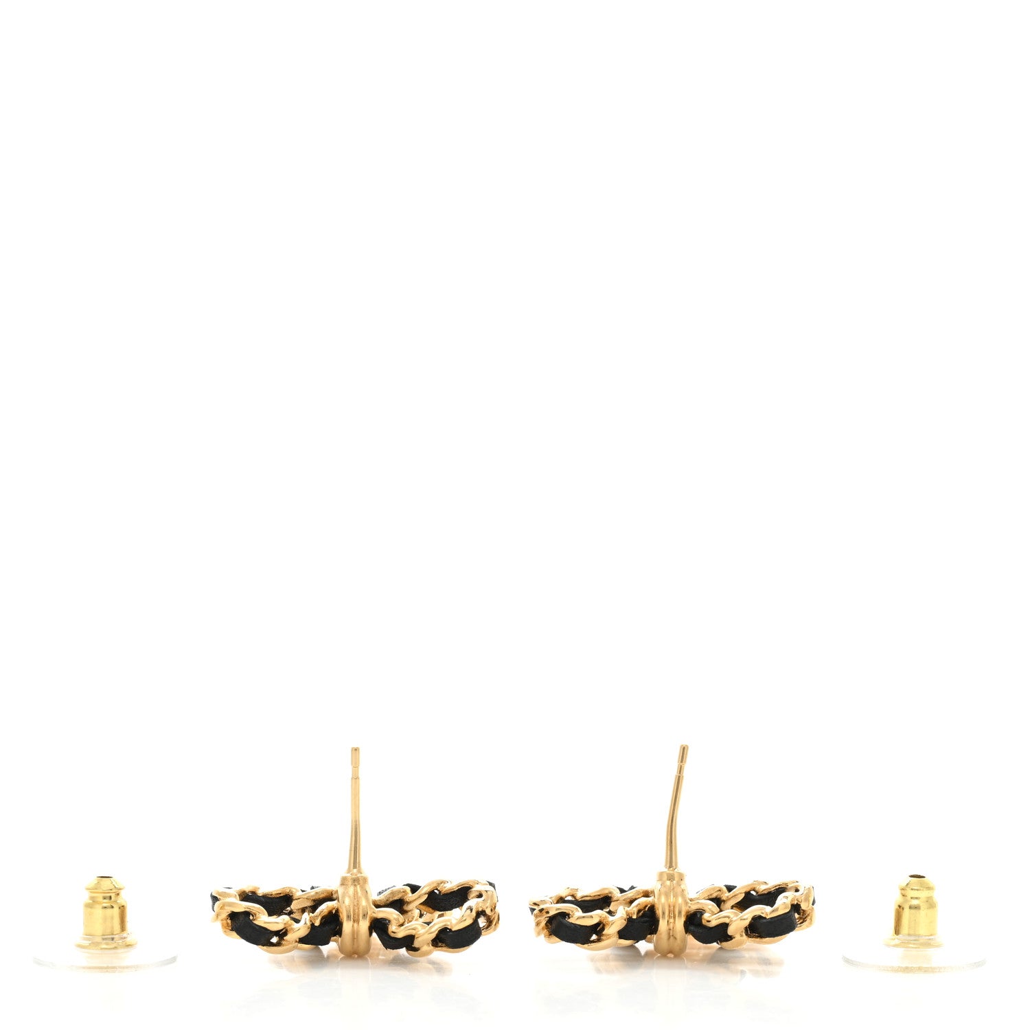 Chanel Lambskin Chain Bow Stud Earrings Black Gold 3 of 4