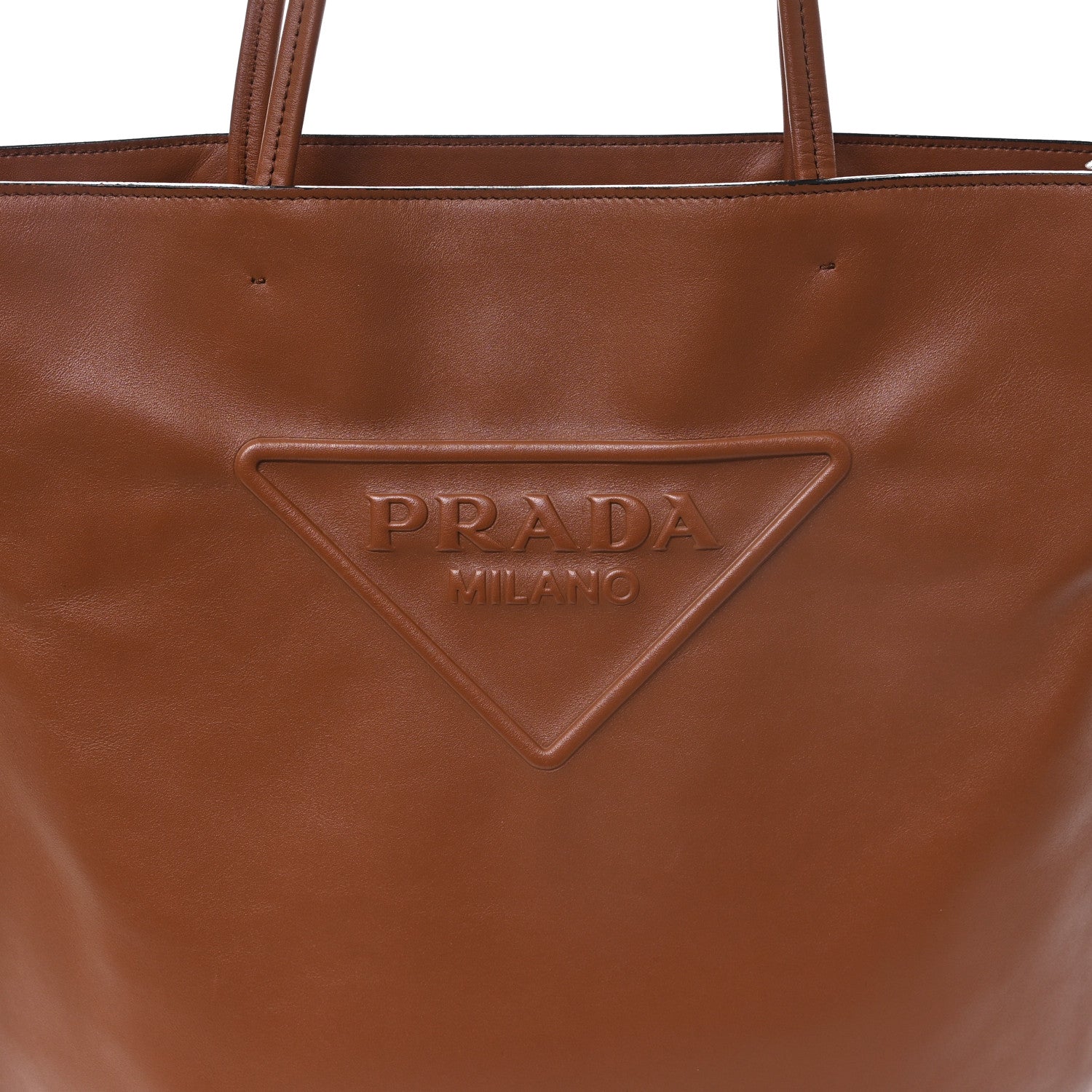 Prada Soft Calfskin Triangle Logo Embossed Tote Cognac 7 of 9