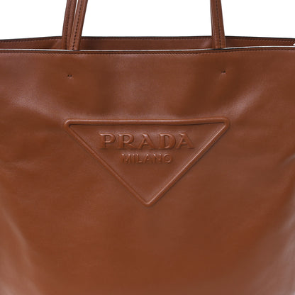 Prada Soft Calfskin Triangle Logo Embossed Tote Cognac 7 of 9