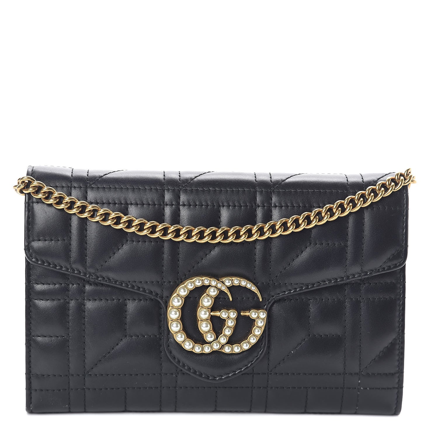 Gucci Calfskin Matelasse Mini Pearly GG Marmont Chain Wallet Black 1 of 9