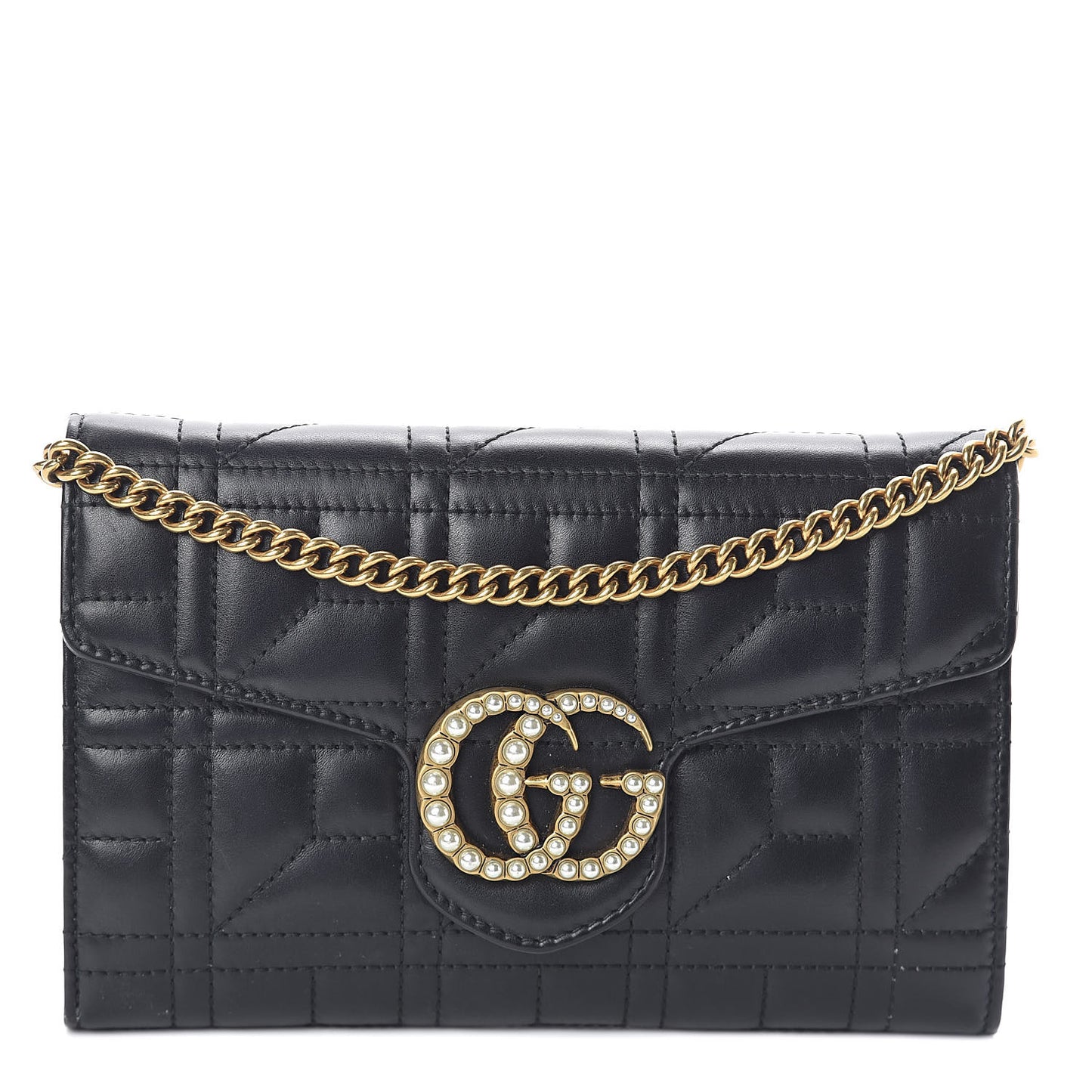 Calfskin Matelasse Mini Pearly GG Marmont Chain Wallet Black