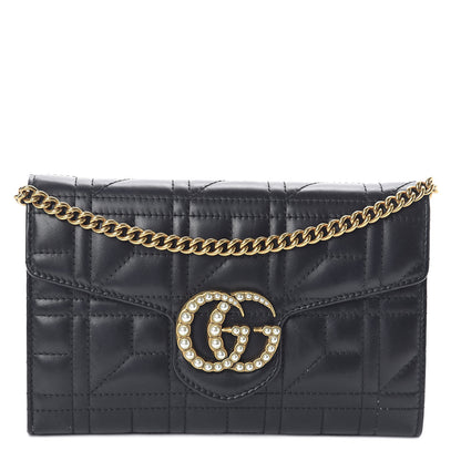 Gucci Calfskin Matelasse Mini Pearly GG Marmont Chain Wallet Black 1 of 9