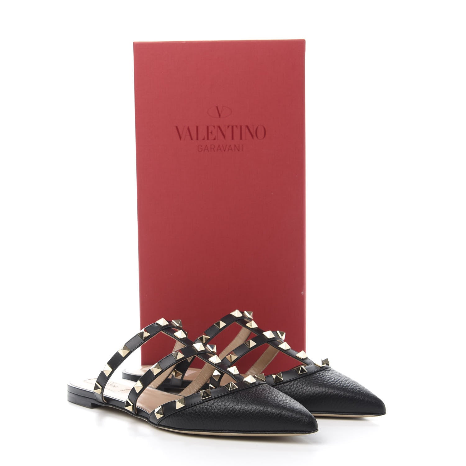 Valentino Garavani Pebbled Calfskin Rockstud Flat Cage Mules 37.5 Black 9 of 9