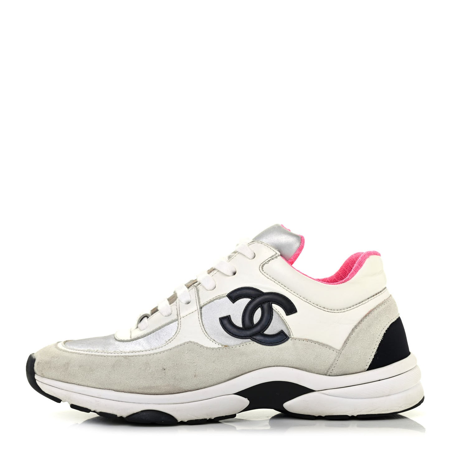 Nylon Calfskin Suede CC Womens Sneakers 39 White Silver Fluo Pink