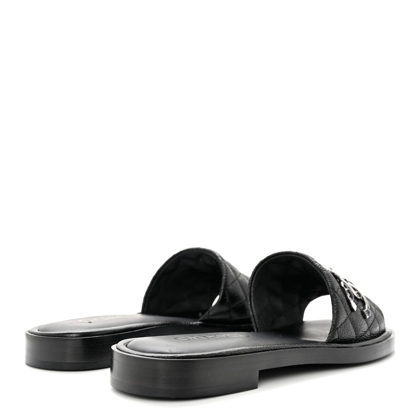 Shiny Goatskin Quilted CC Mules Sandals 38.5 Black