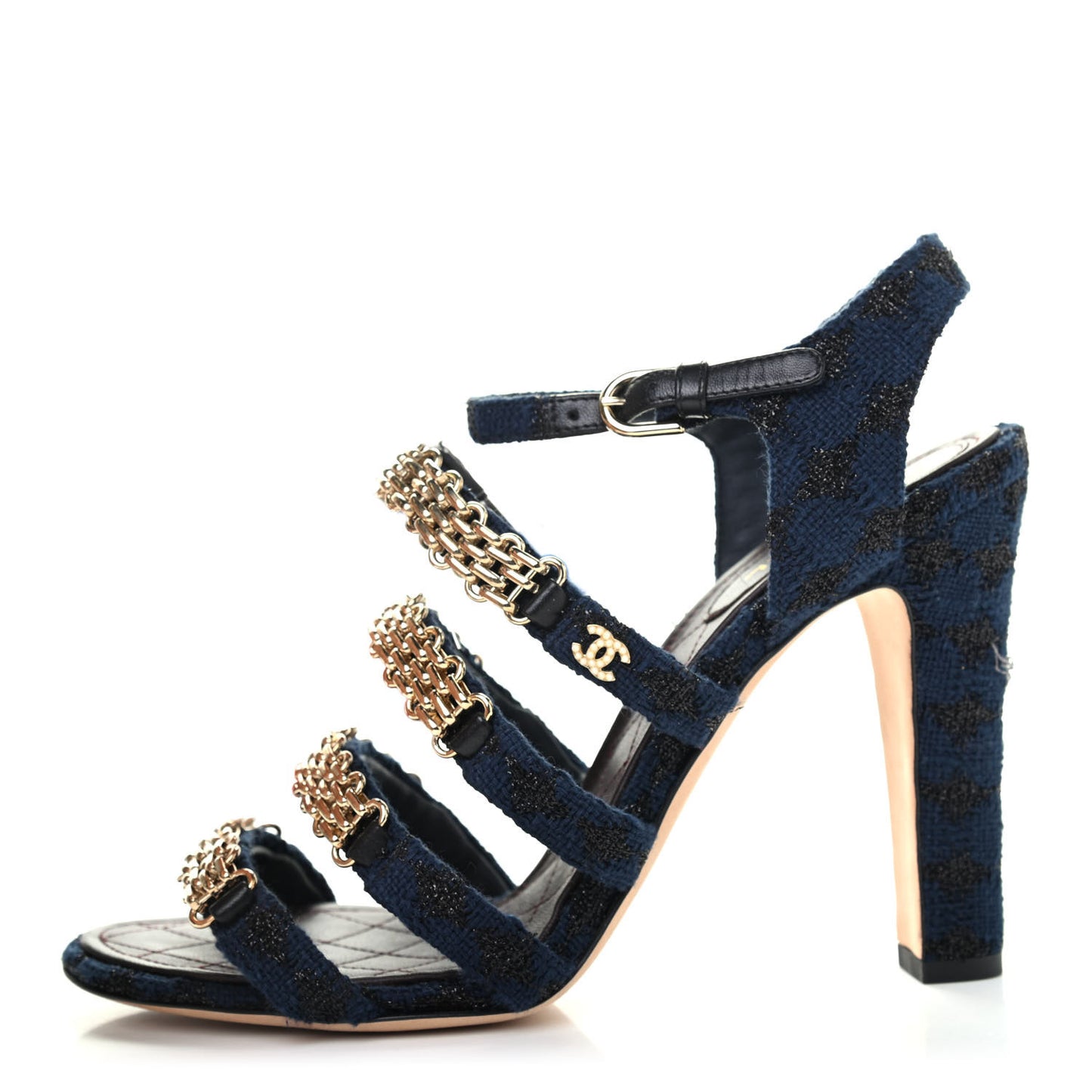 Metallic Tweed Gladiator Chain Sandals 40.5 Blue Gold