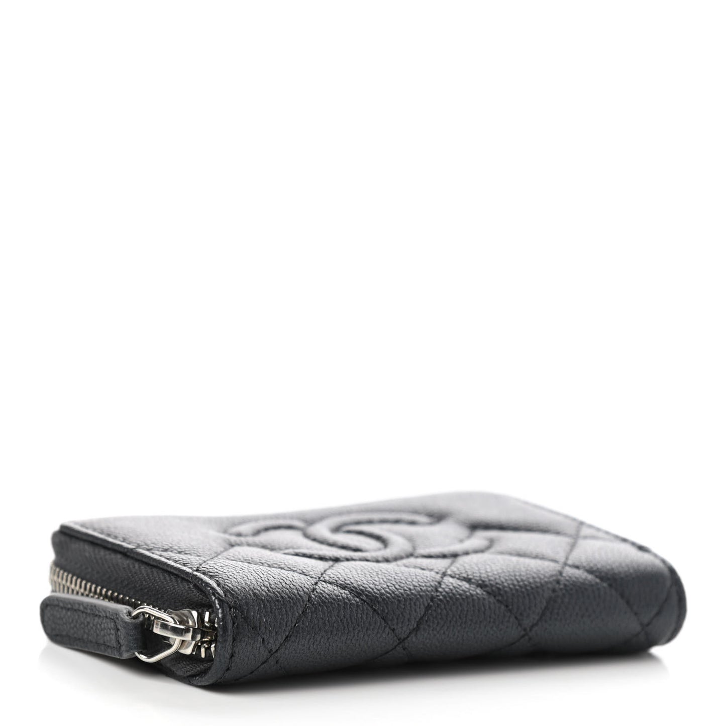 Metallic Caviar Quilted CC Zip Around Coin Purse Wallet Dark Grey