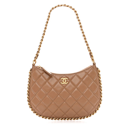 Chanel Shiny Crumpled Lambskin Quilted Trendy Chain Around Hobo Dark Beige 1 of 10
