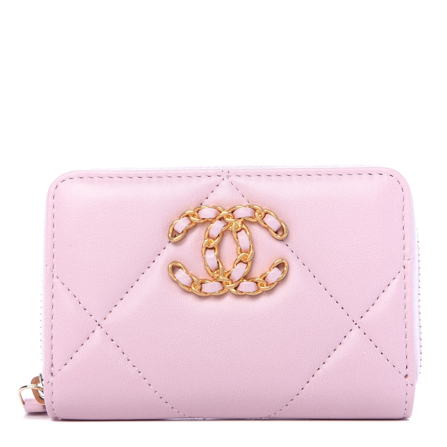 Lambskin Quilted Chanel 19 Zip Around Coin Purse Wallet Light Pink