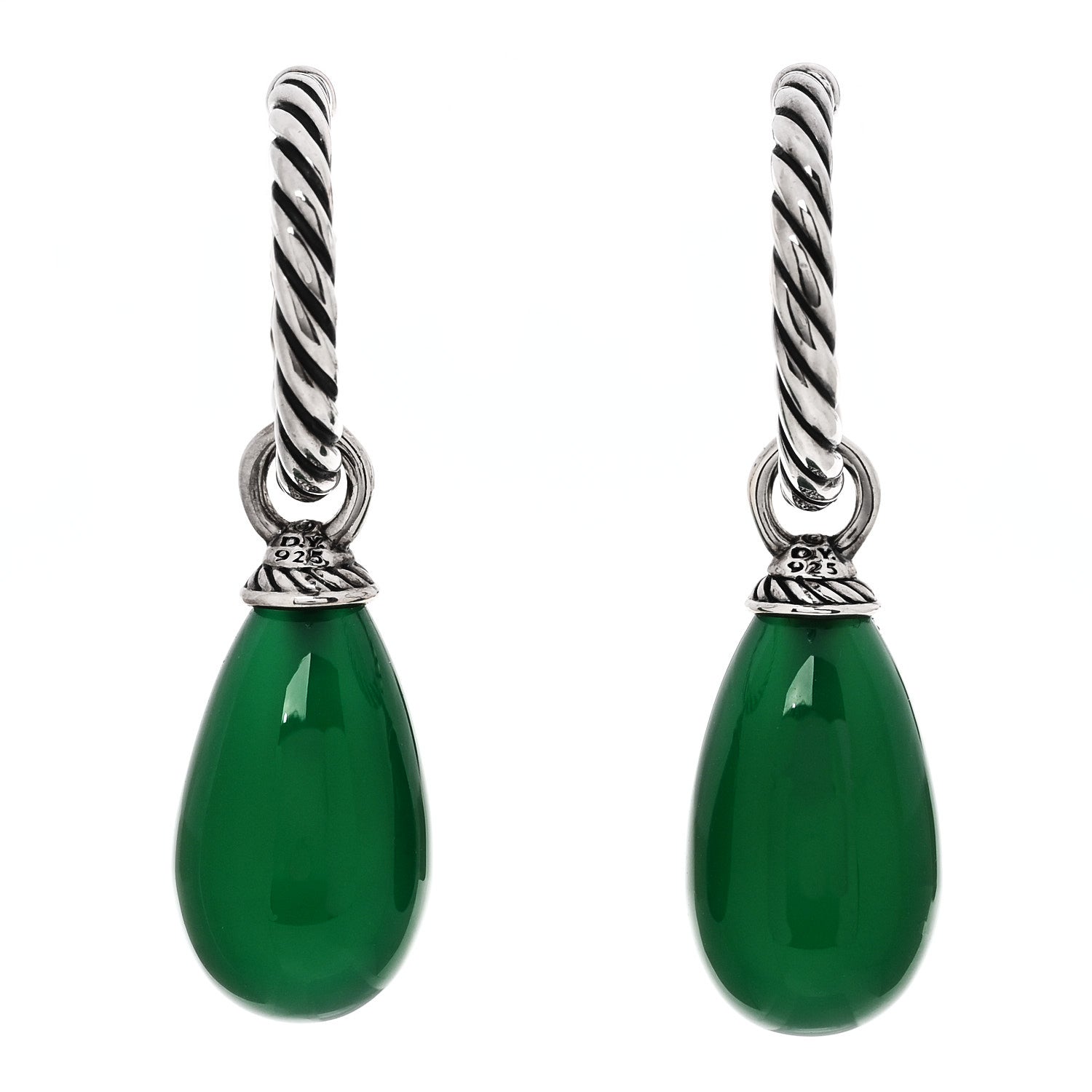 David Yurman Sterling Silver Green Onyx Hoop Drop Earrings 1 of 5
