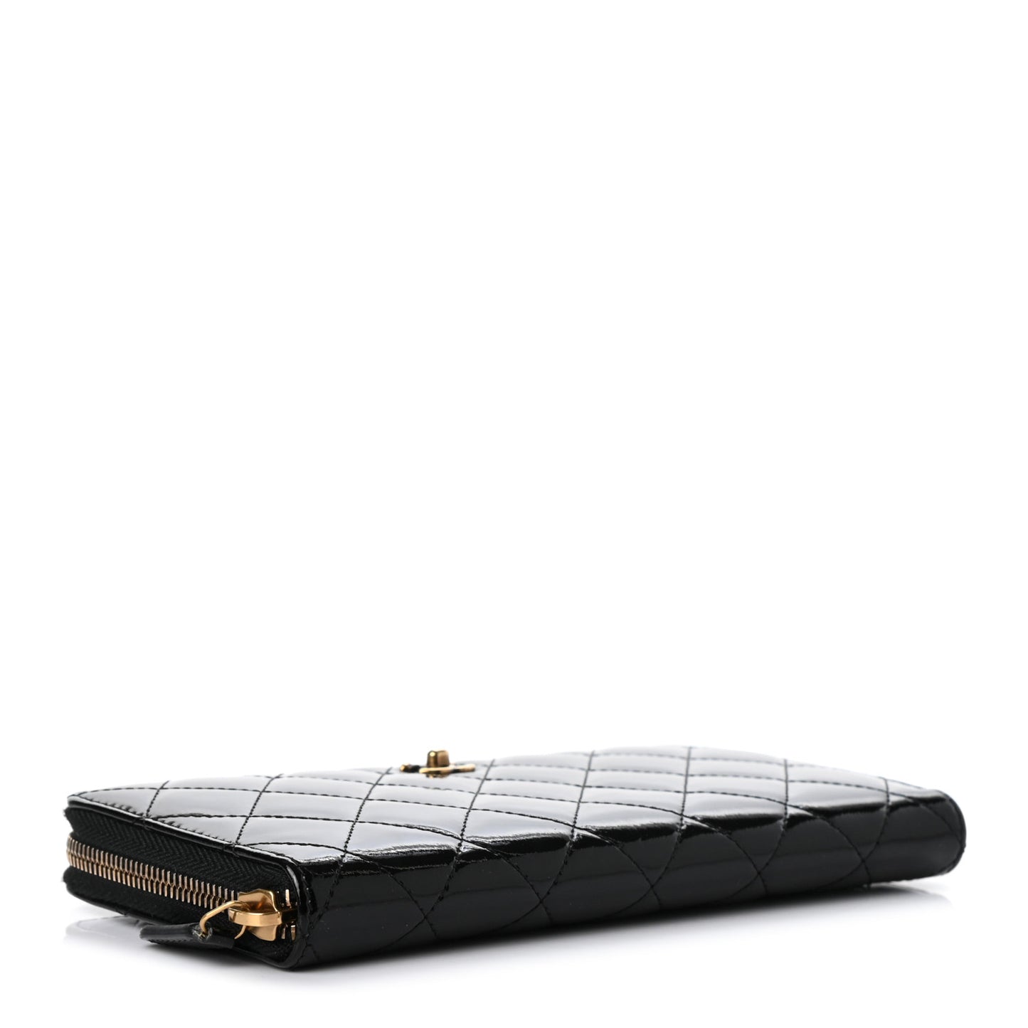Patent Quilted Large Gusset Zip Around Wallet Black