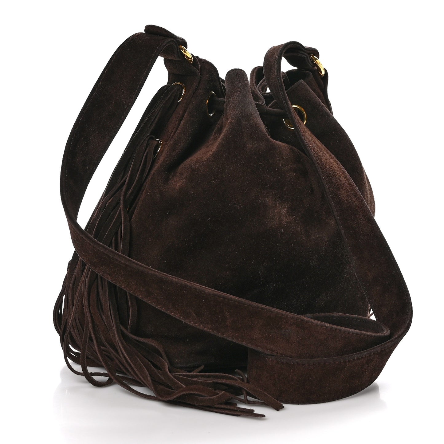 Suede Drawstring Tassel Bucket Bag Brown