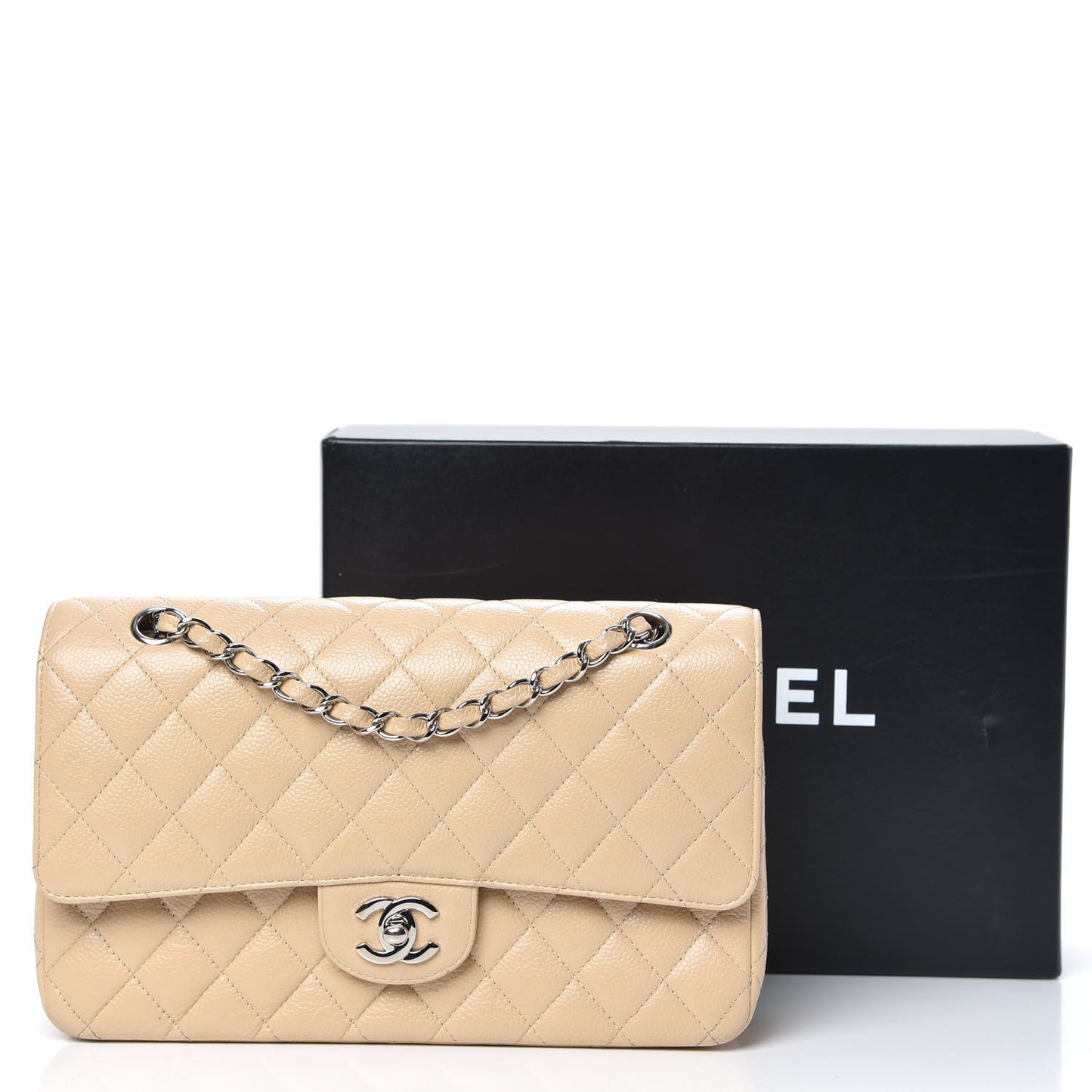 Caviar Quilted Medium Double Flap Beige
