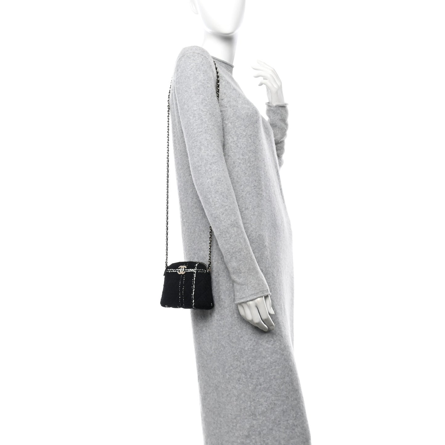Tweed Quilted Mini Clutch With Chain Black White