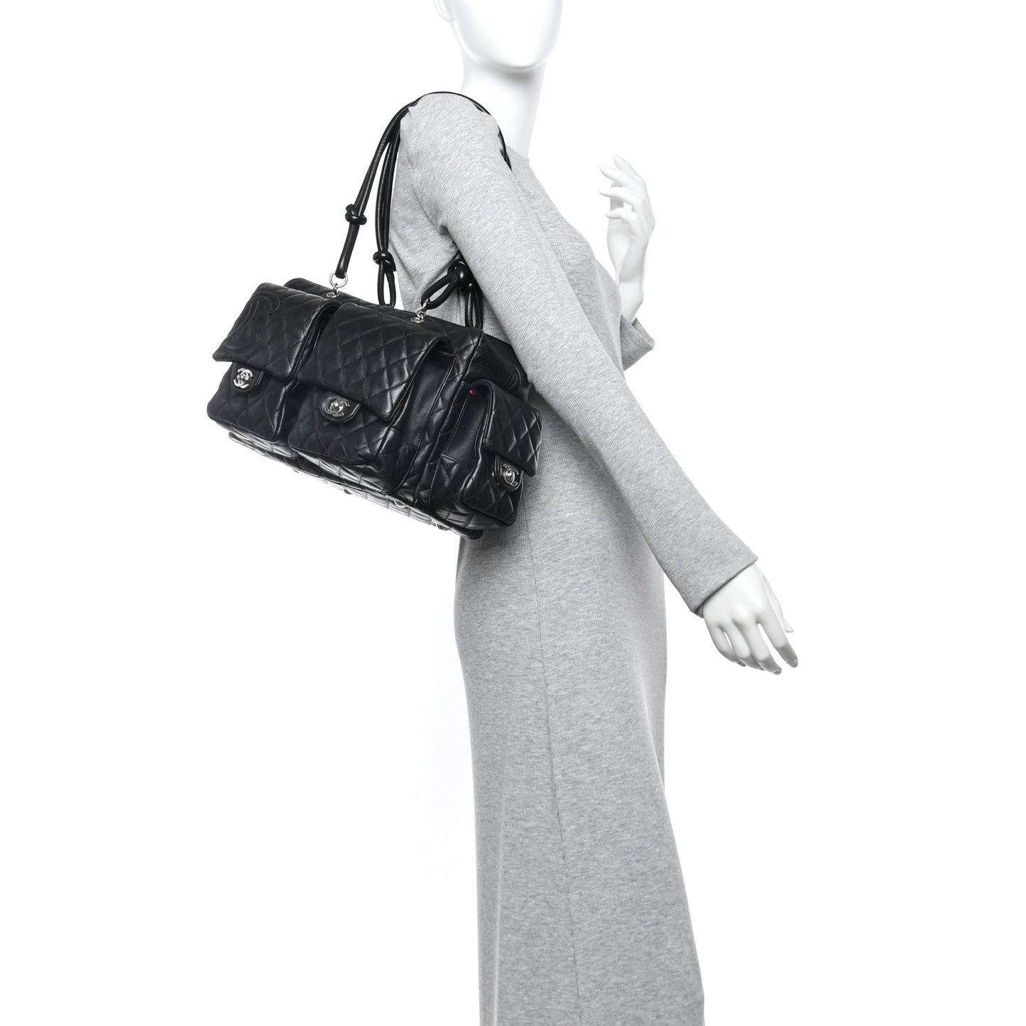 Calfskin Quilted Large Cambon Multipocket Reporter Black