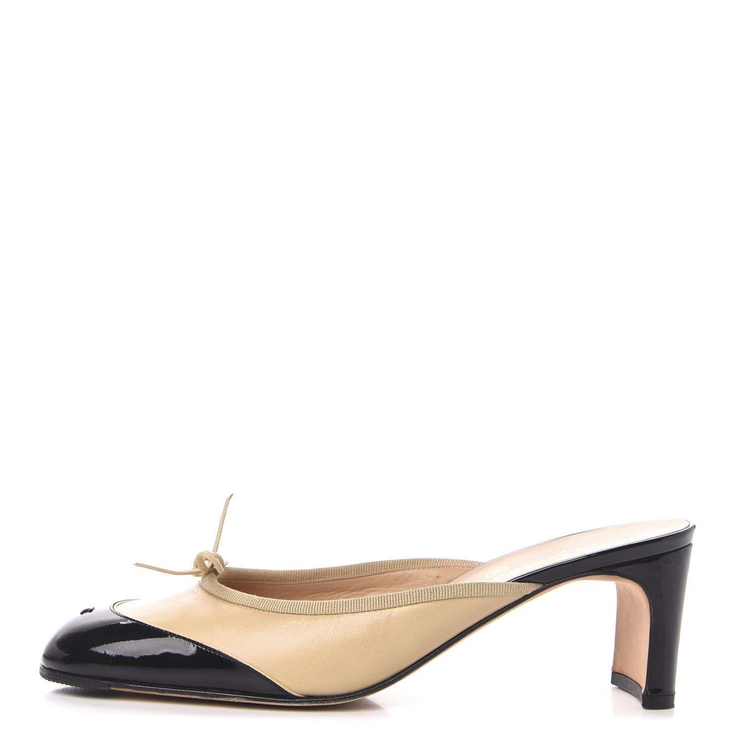 Chanel Lambskin Patent Cap Toe Bow CC Mules 39 Beige Black 1 of 10