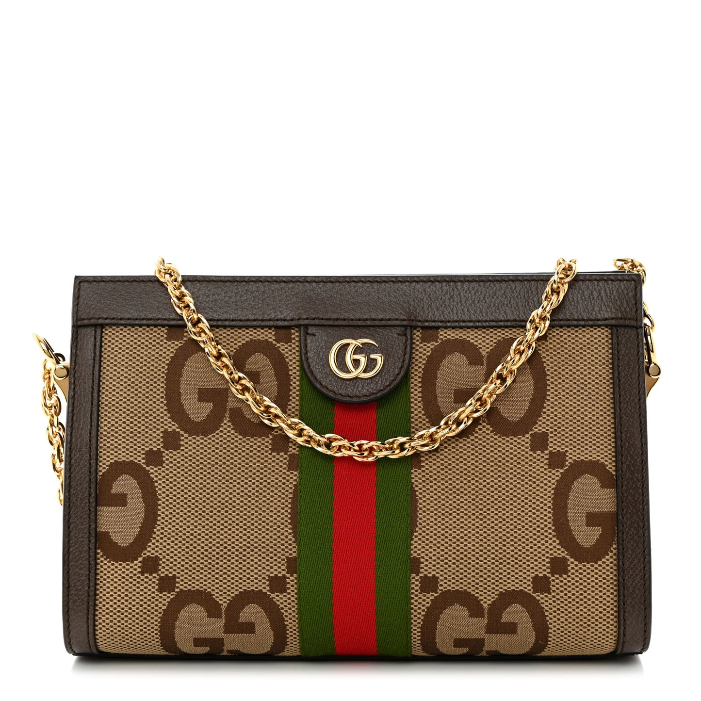 Monogram Jumbo GG Textured Dollar Calfskin Web Small Ophidia Chain Shoulder Bag Camel Ebony New Acero
