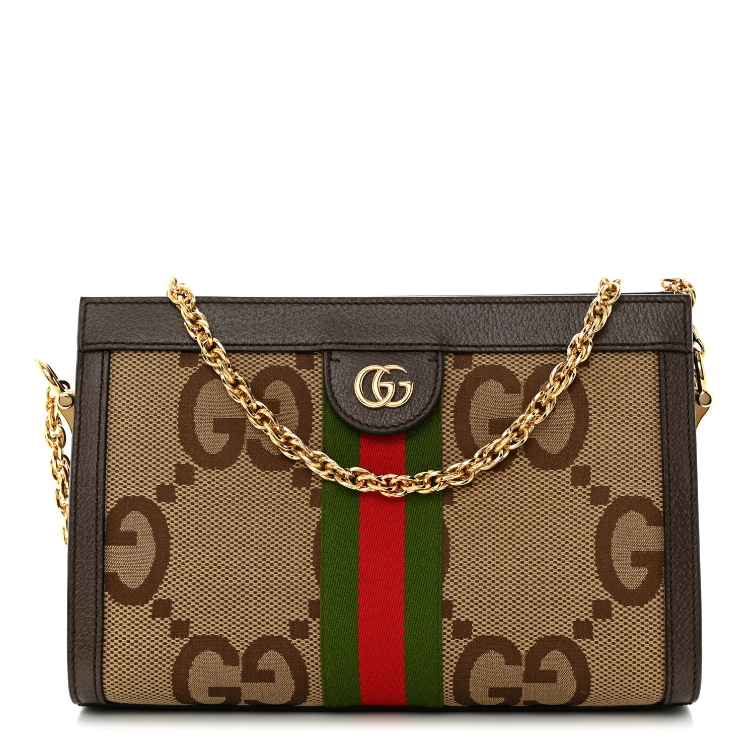 Gucci Monogram Jumbo GG Textured Dollar Calfskin Web Small Ophidia Chain Shoulder Bag Camel Ebony New Acero 1 of 12