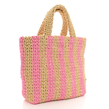 Prada Yarn Raffia Effect Crochet Striped Small Logo Tote Naturale Petalo 3 of 9