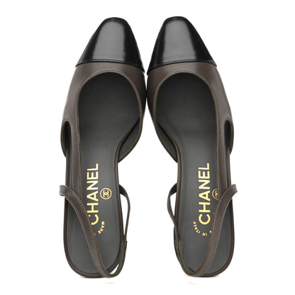 Chanel Lambskin Calfskin Cap Toe CC Slingback Pumps 36.5 Grey Black 2 of 13