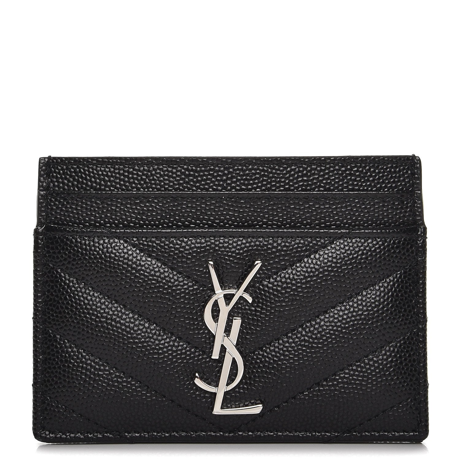 Saint Laurent Grain De Poudre Matelasse Chevron Monogram Credit Card Case Black 1 of 7