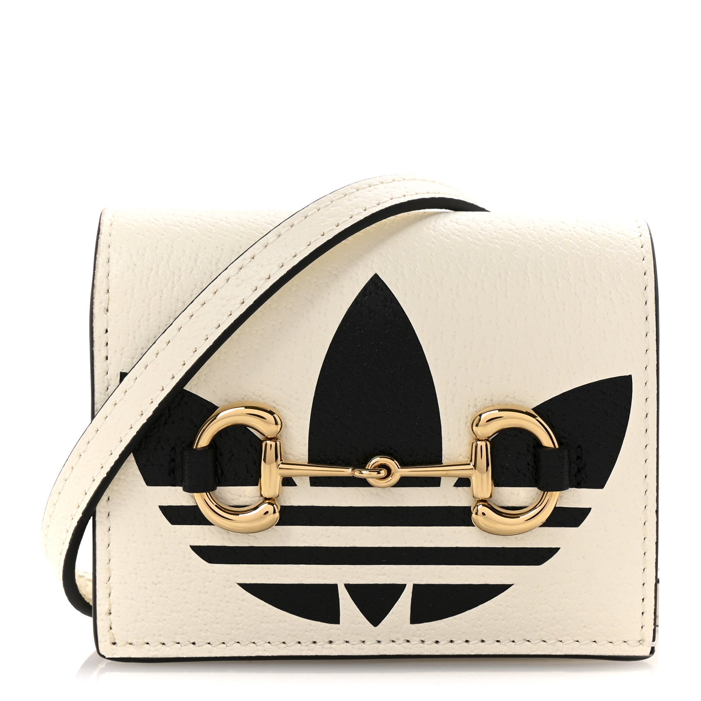 X ADIDAS Textured Dollar Calfskin Trefoil Horsebit 1955 Card Case Wallet With Strap White