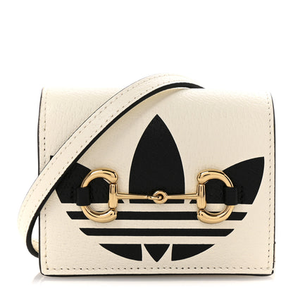 Gucci X ADIDAS Textured Dollar Calfskin Trefoil Horsebit 1955 Card Case Wallet With Strap White 1 of 11