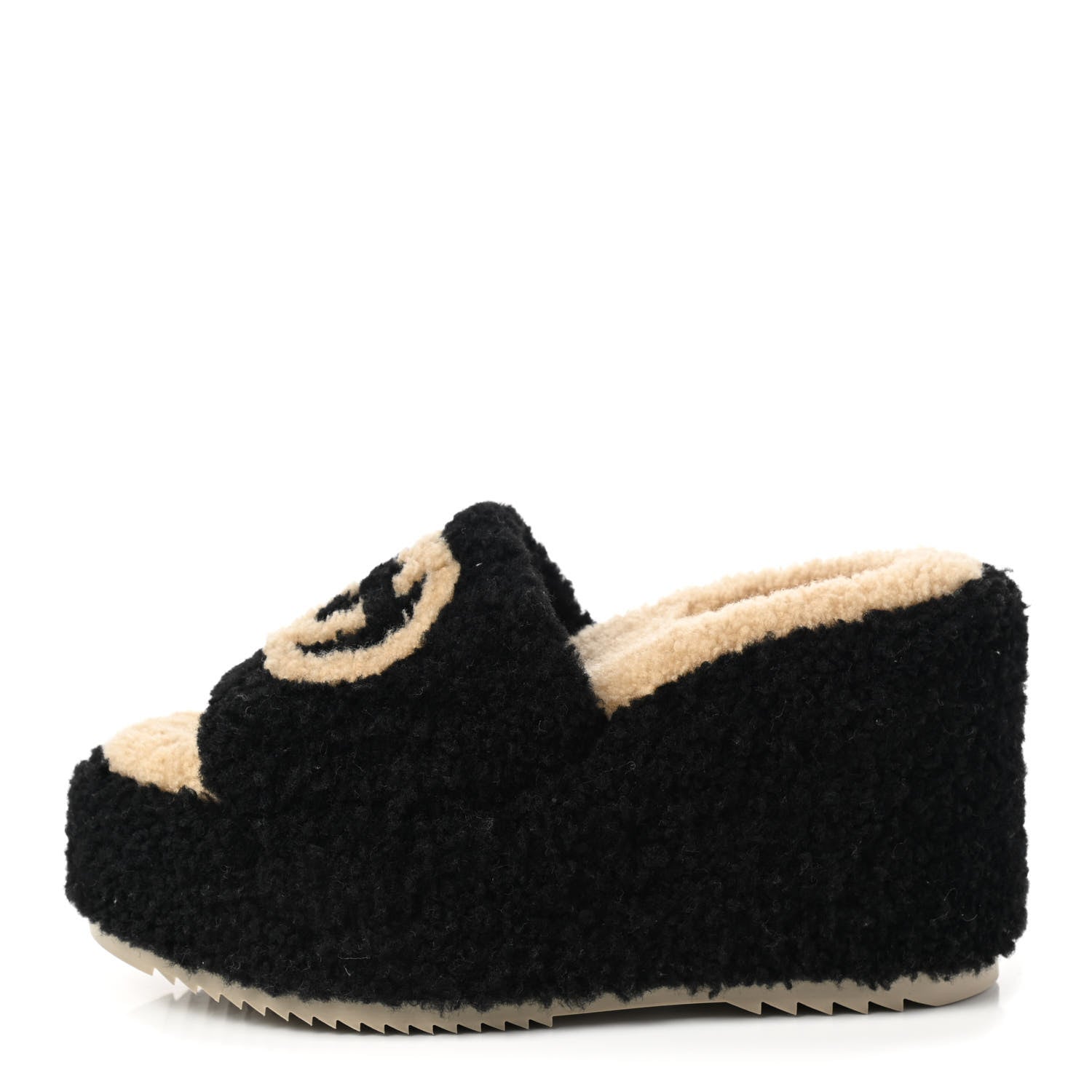 Gucci Shearling Interlocking G Womens Elea Platform Slide Wedge Sandals 37 Black Butterscotch 1 of 8