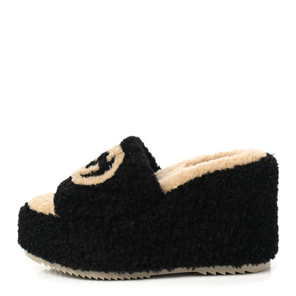 Gucci Shearling Interlocking G Womens Elea Platform Slide Wedge Sandals 37 Black Butterscotch 1 of 8